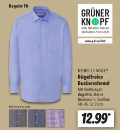 (LIDL Ab 12.10.) Nobel League Bügelfreies Businesshemd Regular Fit (Kentkragen, Reine Baumwolle)